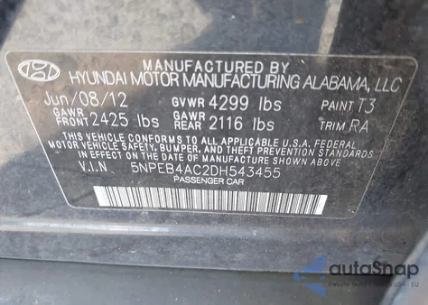 2013 Hyundai Sonata Gls z USA, uszkodzony, nr VIN 5NPEB4AC2DH543455